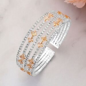 Silver Topaz Square Cut CZ Stone Style Layered Evening Cuff Bracelet